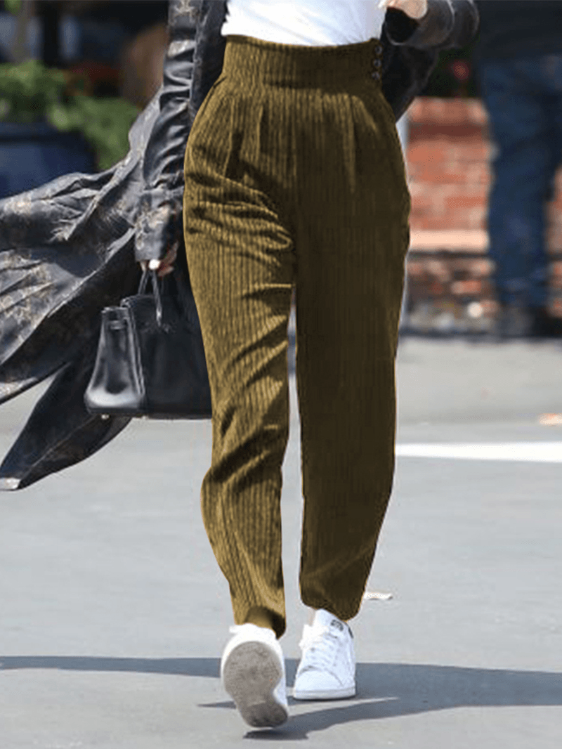 Women Pure Color Elastic Waist Corduroy Side Button Retro Harem Pants - MRSLM