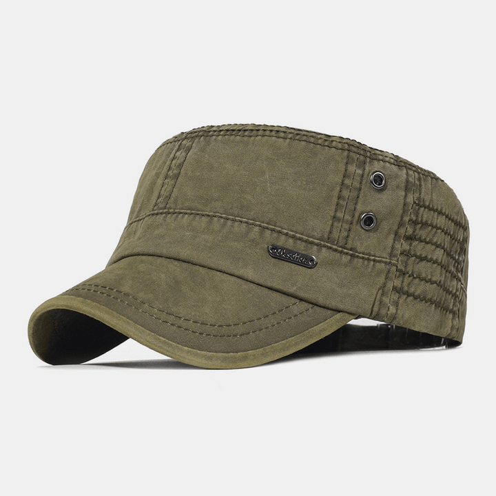 Men Washed Cotton Peaked Cap Letters Metal Label Military Cap Flat Cap - MRSLM