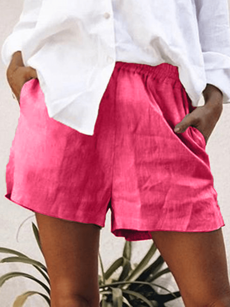 Women Cotton Solid Color Elastic Waist Shorts - MRSLM