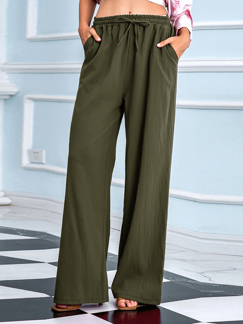 Women Loose Casual Solid Color Drawstring Mid Waist Straight Pants - MRSLM