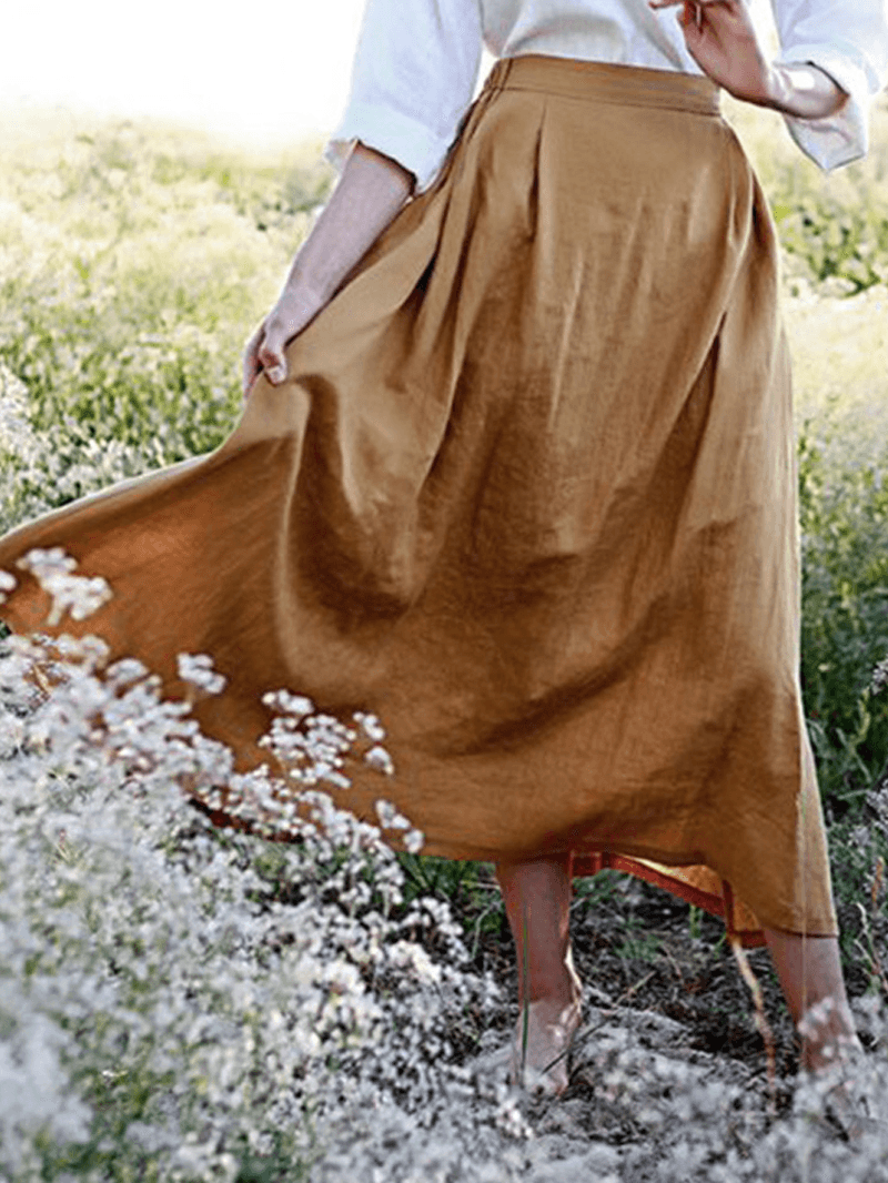 Solid Elastic Waist Linen Cotton Skirts - MRSLM