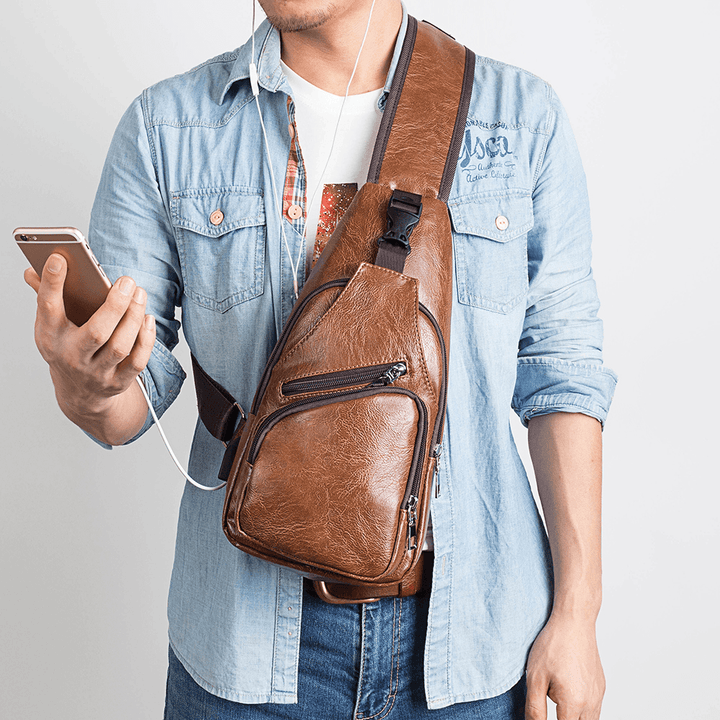 Men Casual Resistant Waterproof Anti-Theft Chest Bag Headphone Hole USB Charging Port Design Multi-Pocket Travel Daypack Shoulder Bag - MRSLM