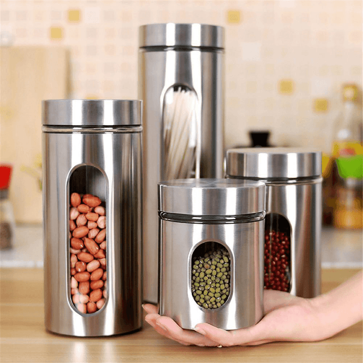 Stainless Steel Storage Jar Tea Coffee Sugar Kitchen Glass Canister Container Kitchen Storage Container - MRSLM