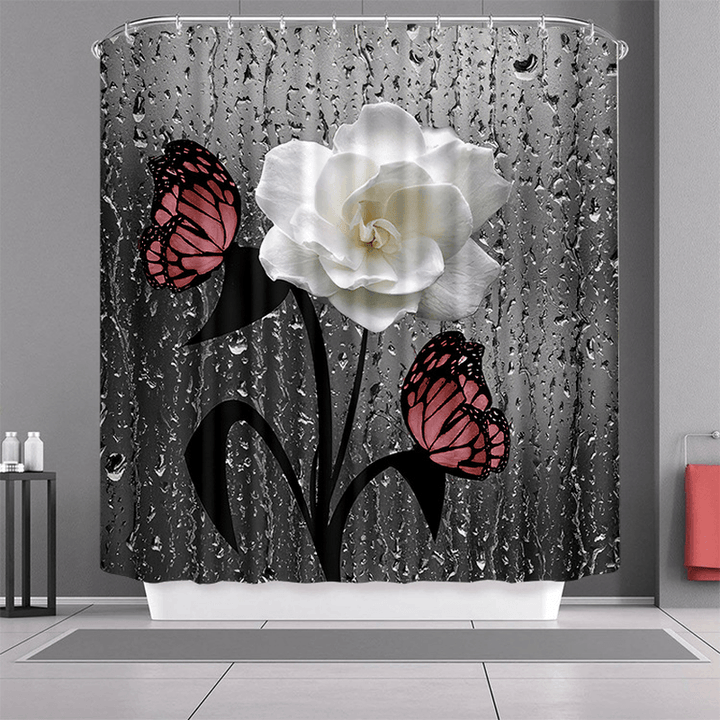 Butterfly Flower Shower Curtain Set Waterproof Polyester Bathroom Mat Set - MRSLM
