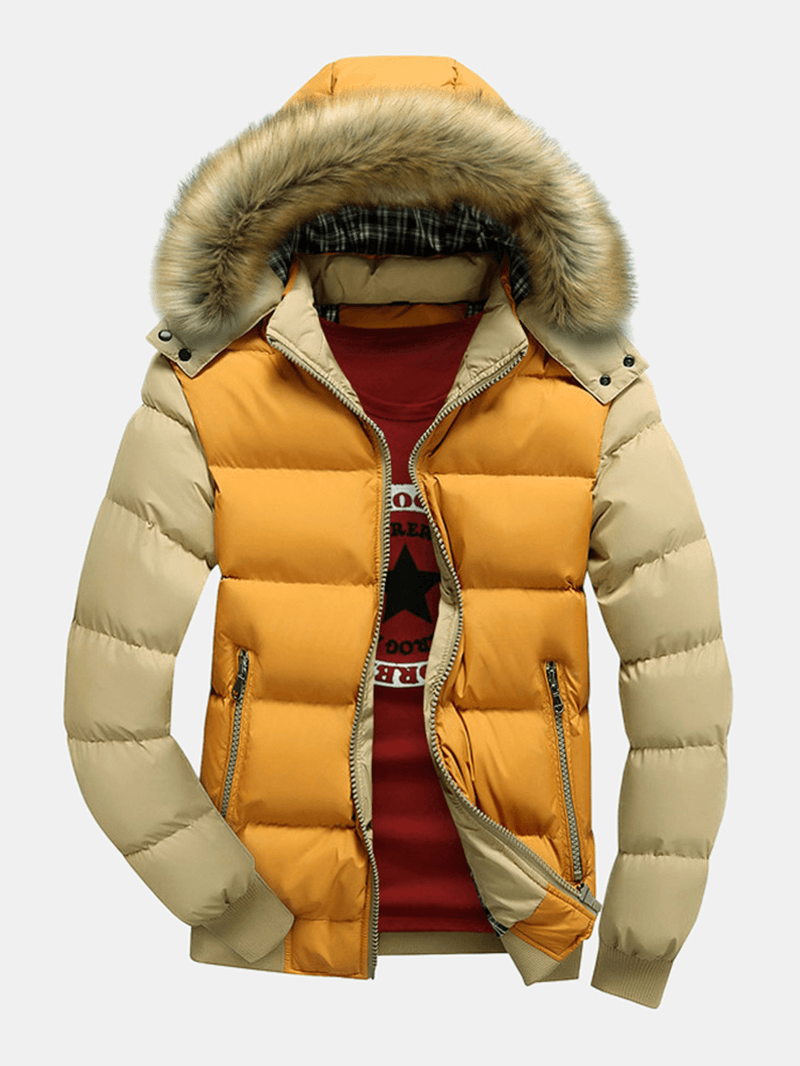 Mens Contrasting Patchwork Zipper Detachable Faux Fur Collar Hooded Thicken Coats - MRSLM