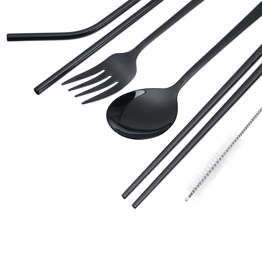 Stainless Steel Metal Drinking Straw Spoon Set Reusable Straws Fork Chopsticks Brush Kit - MRSLM