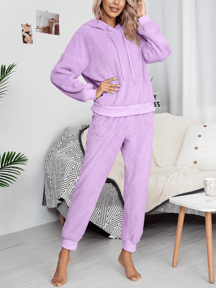 Women Fleece Thick Solid Color Pullover Hoodie Jogger Pants Home Casual Pajamas Set - MRSLM