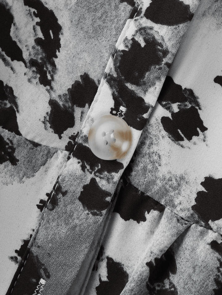 Leopard Print Stand Collar Long Sleeve Button Knotted Dress - MRSLM