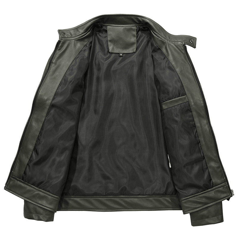 Mens Multi-Pocket Faux Leather Stand Collar Jacket - MRSLM