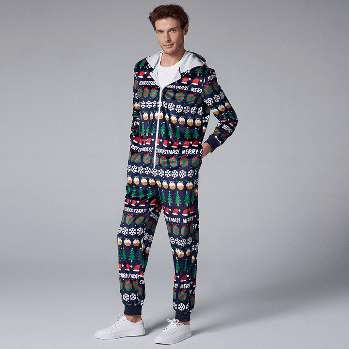 Mens Christmas Pattern Onesies Hooded Pajamas Set - MRSLM