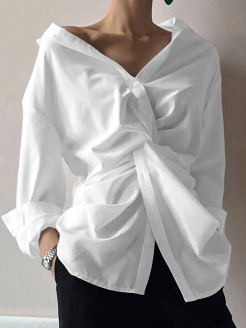 Women Solid Color Button Long Sleeve High Low Hem Casual Blouse - MRSLM