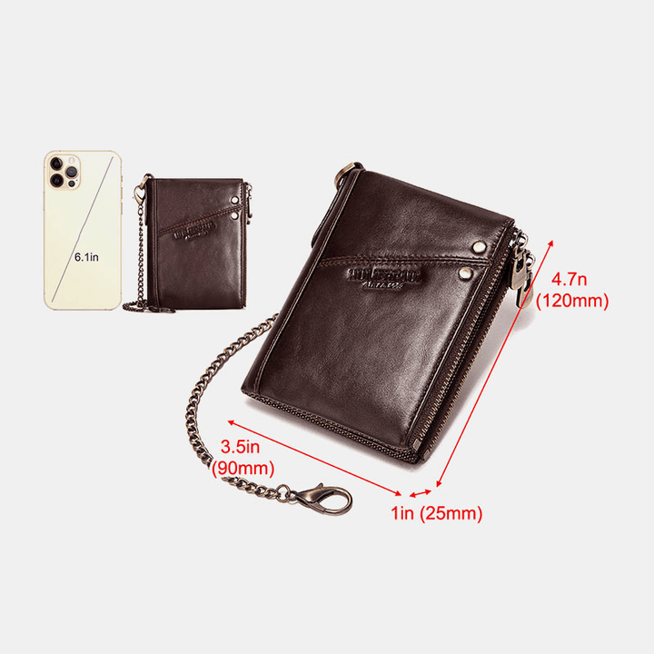 Men RFID Bifold Wallets Multifunctional First Layer Cowhide Anti-Theft Brush Double Zipper Card Holder Money Clip Coin Purse - MRSLM