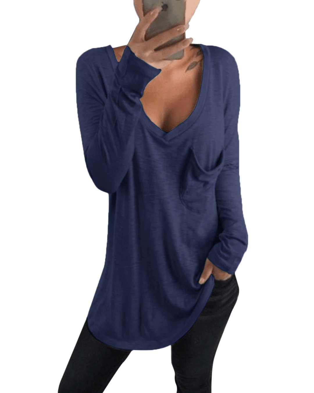 Women Casual V Neck Long Sleeve Loose Baggy Solid T Shirts with Pocket - MRSLM