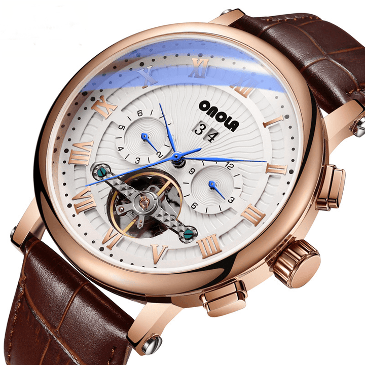 ONOLA ON6801 Fashion Men Automatic Watch Flywheel Hollow Date Display Leather Strap Mechanical Watch - MRSLM