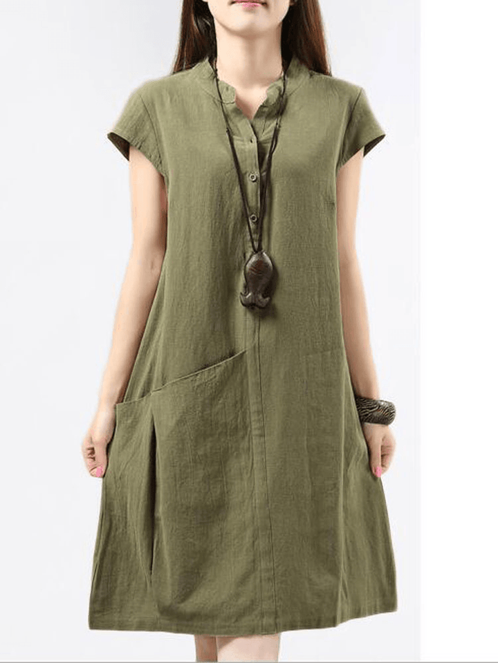 Women Short Sleeve Button Solid Color Casual Dress - MRSLM