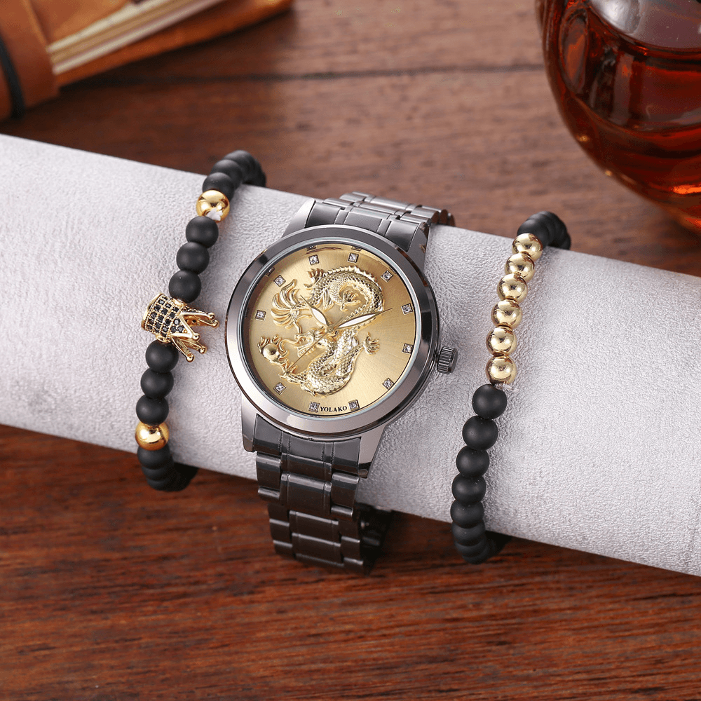 Alloy Stainless Steel Dragon Pattern Men Business Watch Decorated Pointer Quartz Watch Bracelet - MRSLM