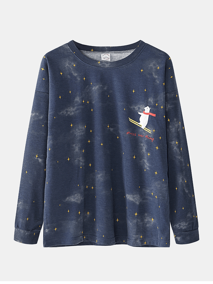 Women Cartoon Polar Bear & Starry Sky Print Pullover Elastic Waist Pocket Pants Home Pajama Set - MRSLM