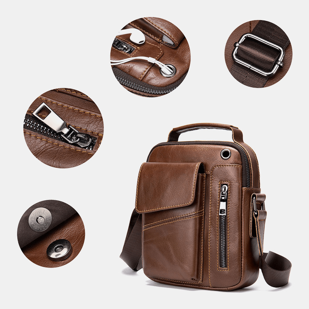 Men Genuine Leather Multi-Pockets Earphone Hole Vintage Waterproof Crossbody Bags Shoulder Bags - MRSLM