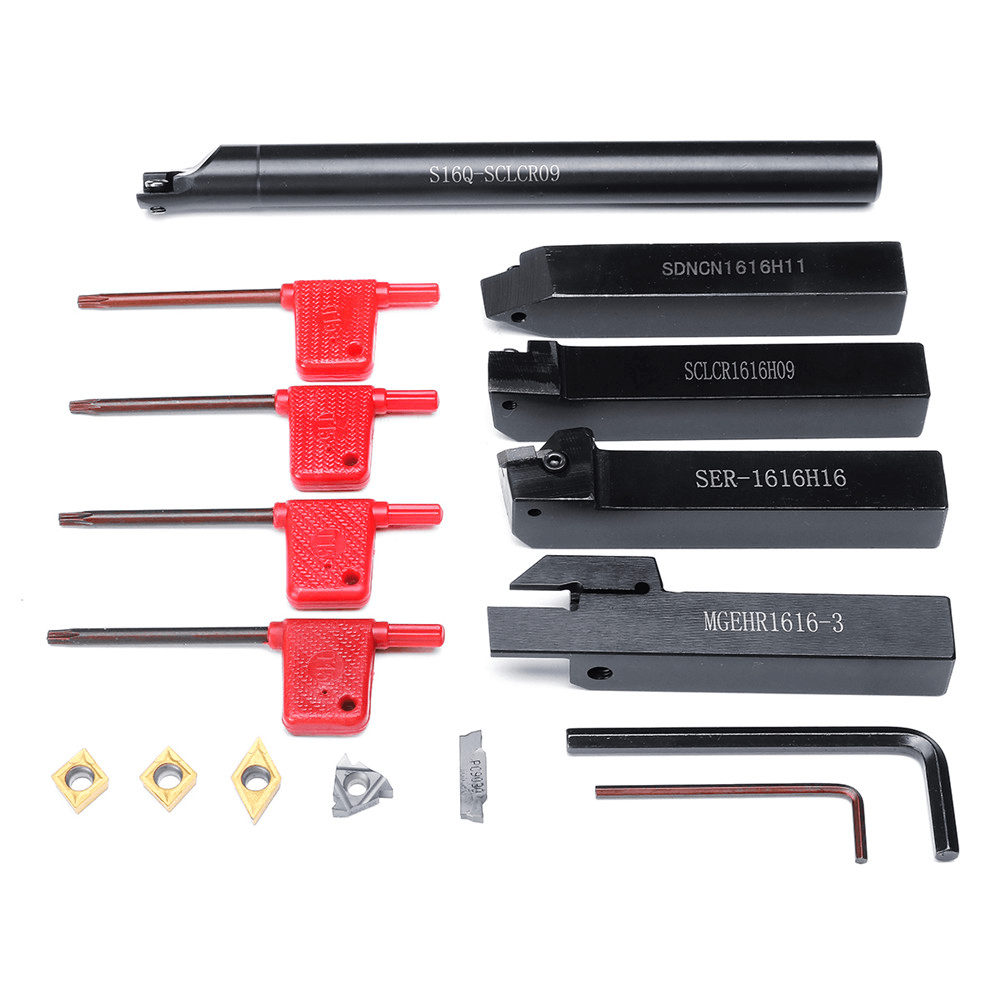 5Pcs 16Mm Shank Lathe Turning Tool Holder Boring Bar CNC Tools Set with Carbide Inserts and Wrenches - MRSLM