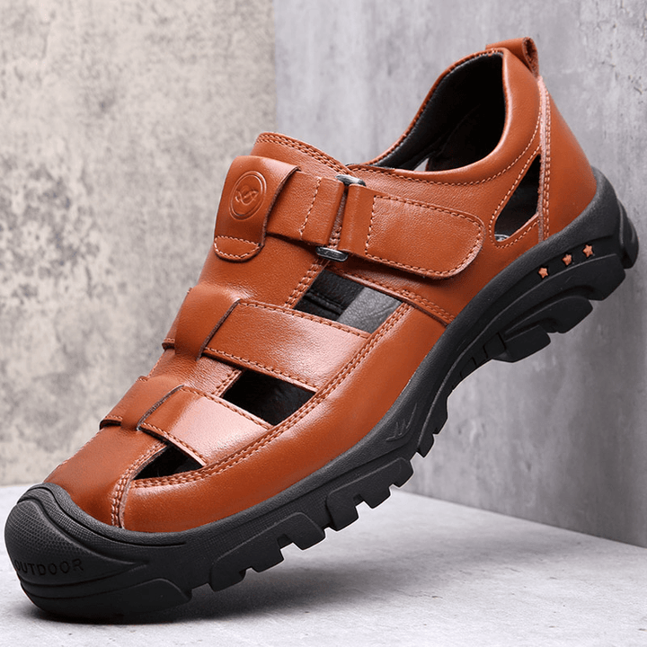 Men Cowhide Leather Breathable Hollow Out Soft Bottom Non Slip Closed Toe Casual Sandals - MRSLM