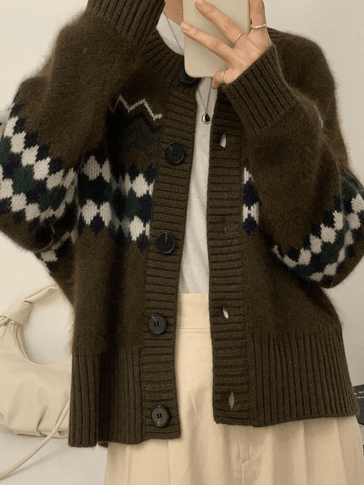 Jacquard Geometric Dark Color O-Neck Knitted Cardigan for Women - MRSLM