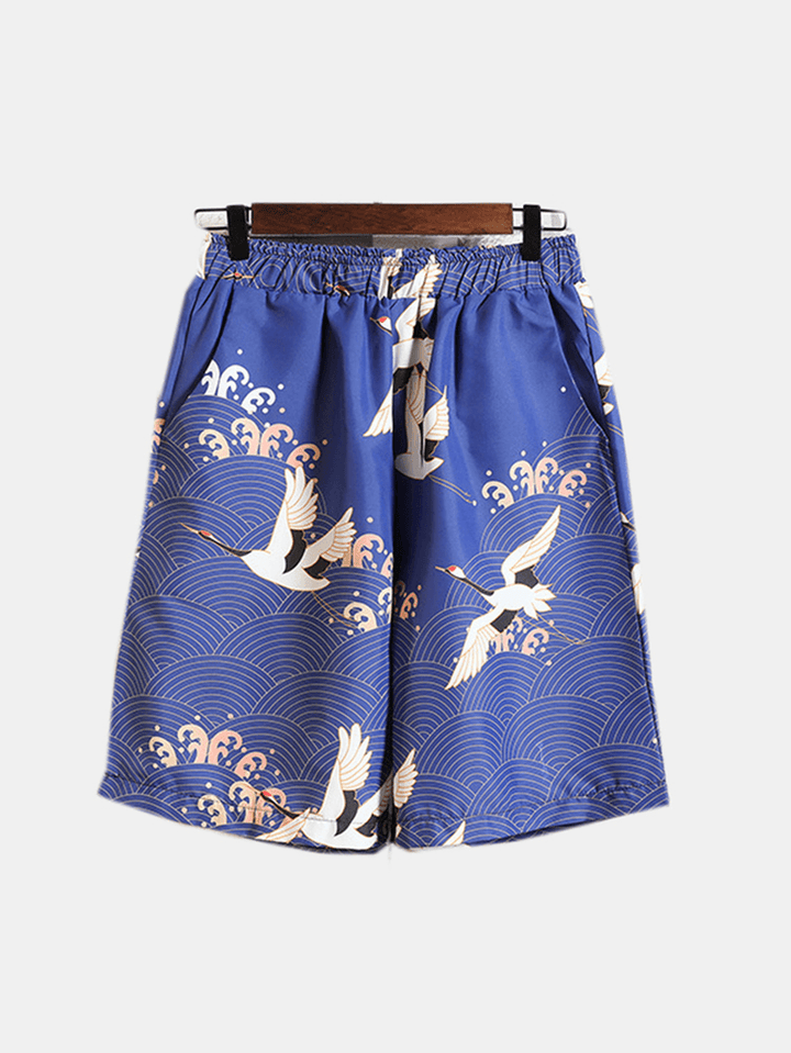 Mens Chinese Style Printed Drawstring Pocket Loose Shorts - MRSLM