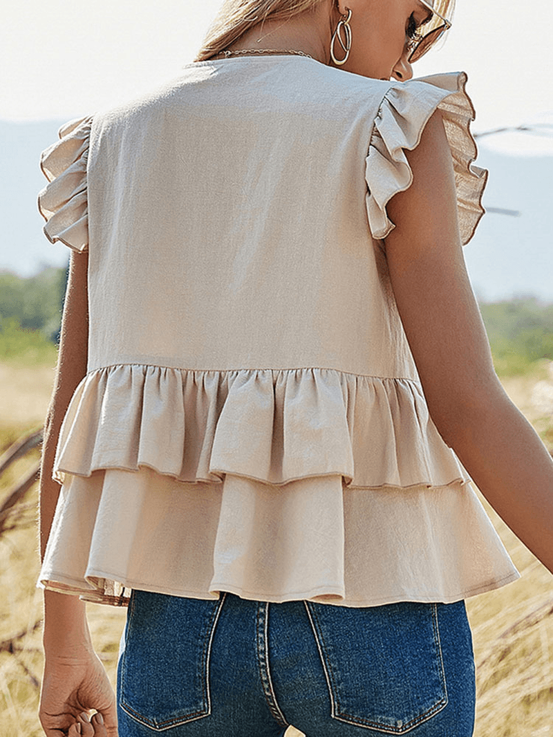 Solid Color Button Ruffle Sleeveless V-Neck Patchwork Blouse for Women - MRSLM