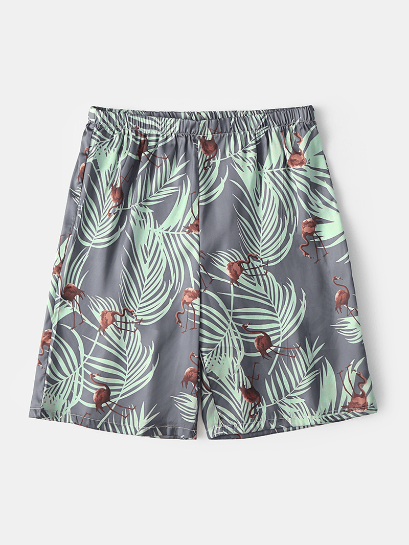Mens Tropical Leaves & Flamingo Print Home Thin Casual Pajama Shorts - MRSLM