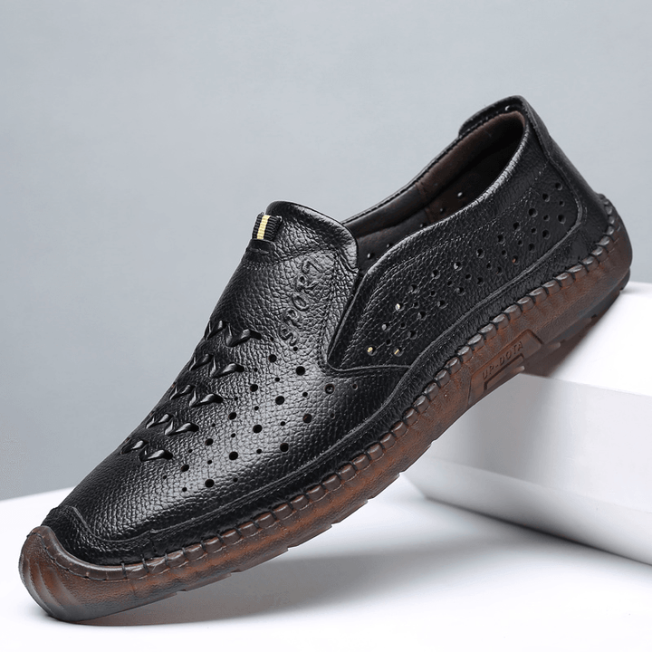 Men Cowhide Leather Hollow Out Breathable Soft Bottom Slip on Comfy Casual Shoes - MRSLM