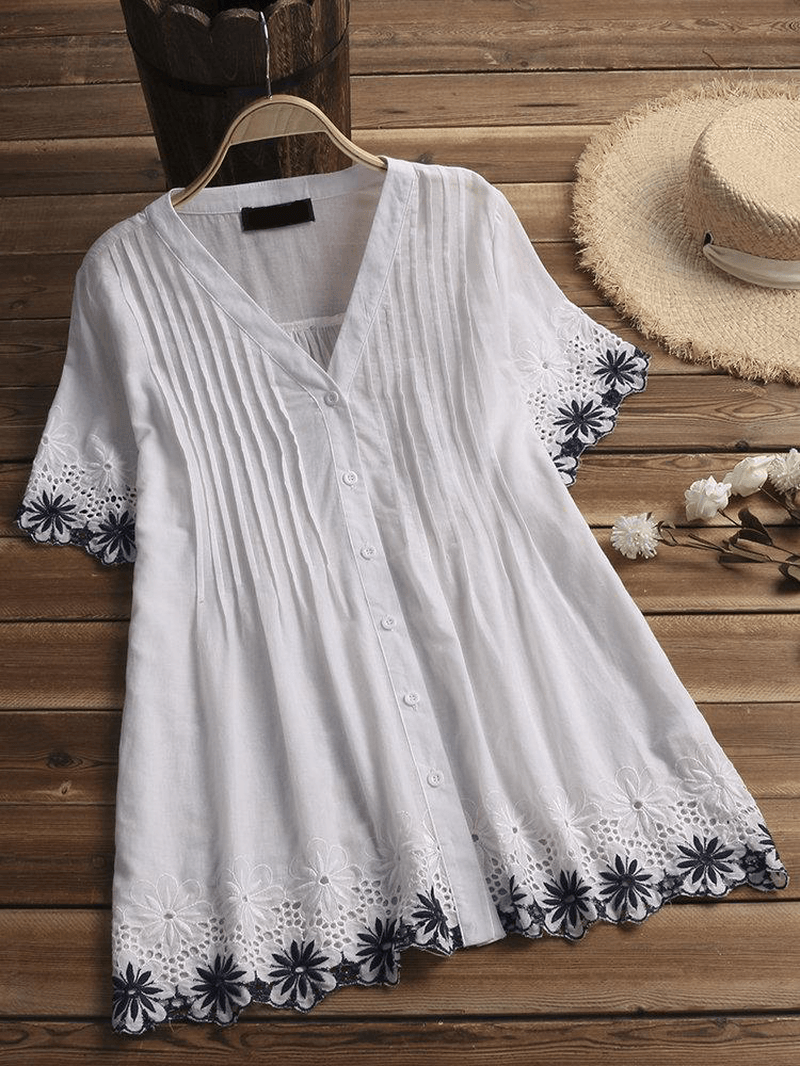Women Casual Embroidered V-Neck Lace Short Sleeve Blouse - MRSLM