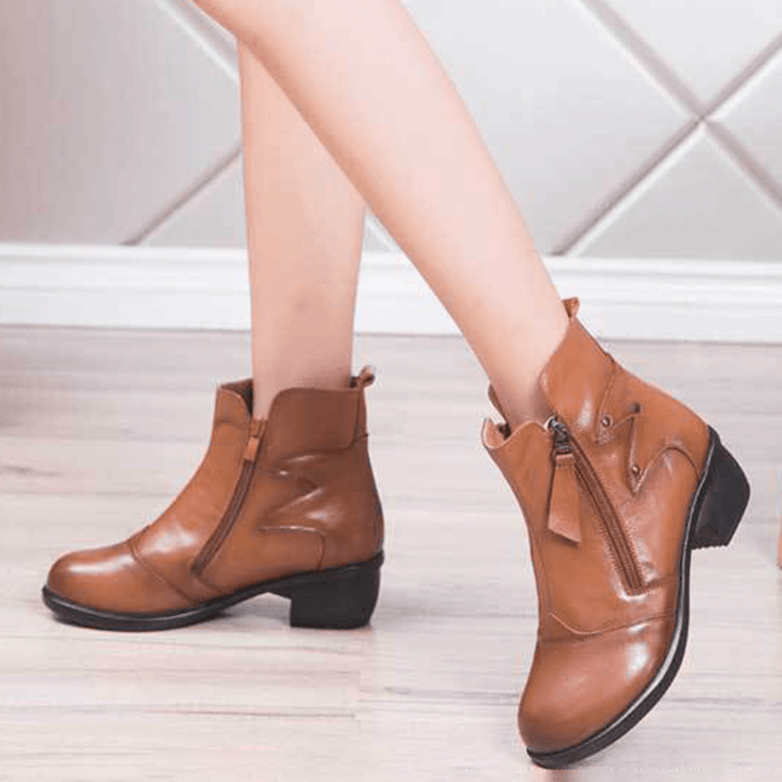 Zipper round Toe Leather Ankle Short Boots - MRSLM