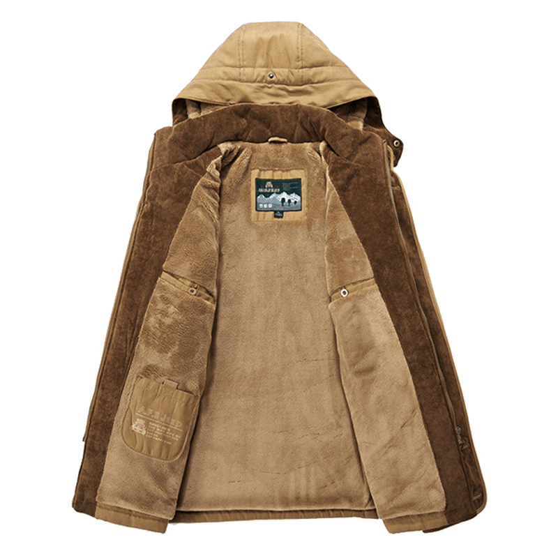 Mens Thick Fleece Winter Coat Hooded Outdoor Solid Color Jacket - MRSLM