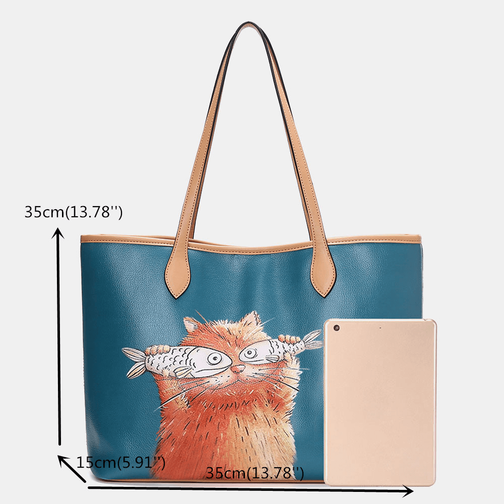 Women 2 PCS Cat Pattern Tote Large Capacity Shoulder Bag Handbag - MRSLM