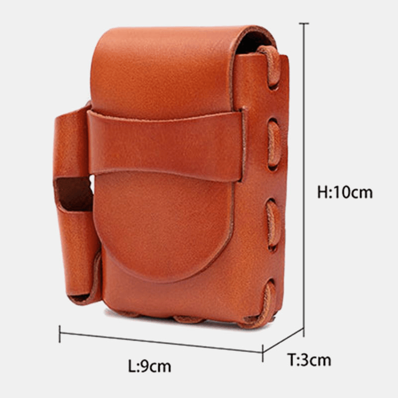 Men Genuine Leather Cigaret Case Storage Bag Retro Waterproof Waist Bag Belt Bag - MRSLM