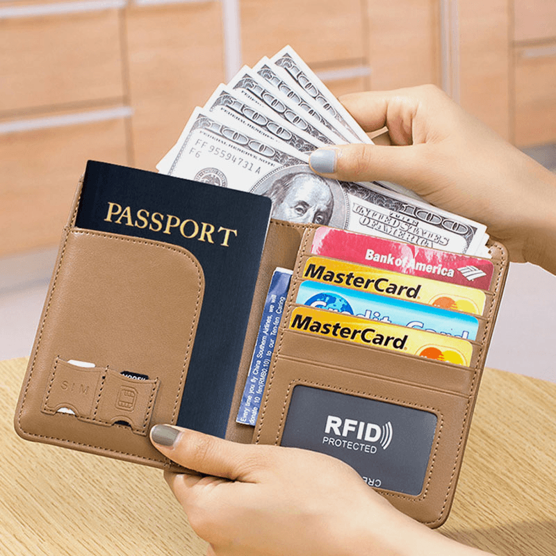 Unisex Genuine Leather RFID Multifunction Multi-Card Slot Travel Passport Bag Wallet with Elastic Strap - MRSLM