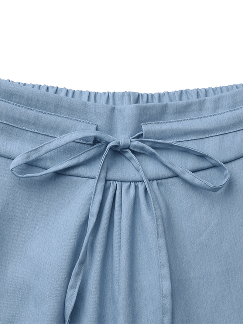Women Solid Color Elastic Waist Cotton Casual Loose Wide Leg Pants - MRSLM