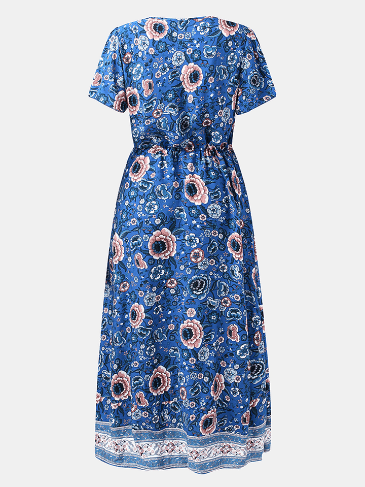 Flower Button Drawstring V-Neck Short Sleeve Print Dress for Women - MRSLM