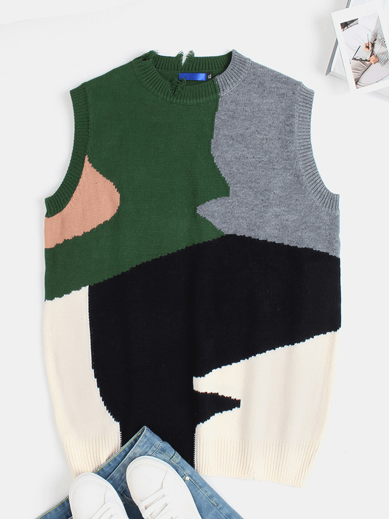 Mens Irregular Color Block Ripped Crew Neck Knitted Casual Sleevless Vests - MRSLM