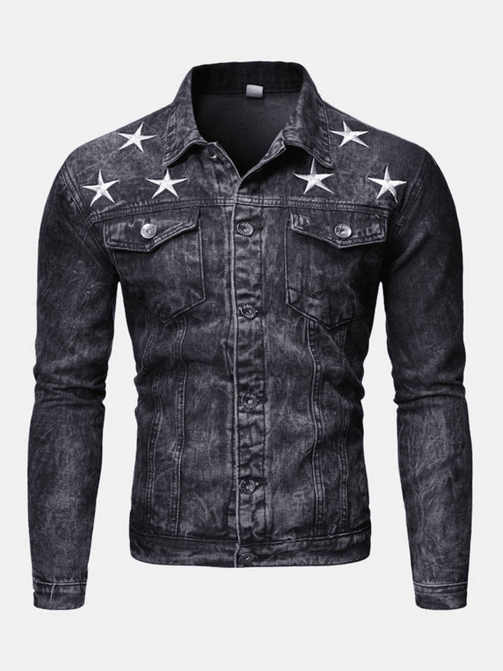 Men'S Fashion Print Pocket Decoration Casual Washed Denim Jacket - MRSLM