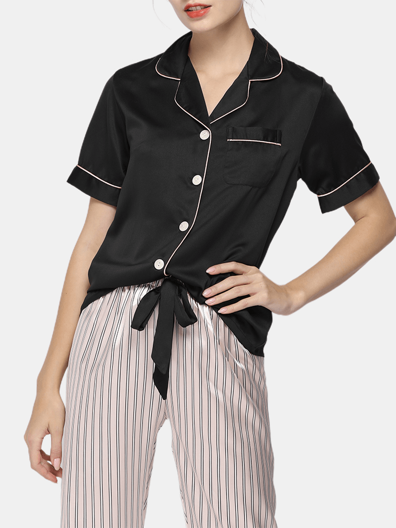 Women Black Revere Collar Short Sleeve Top Polka Dot Pants Faux Silk Home Pajama Set - MRSLM