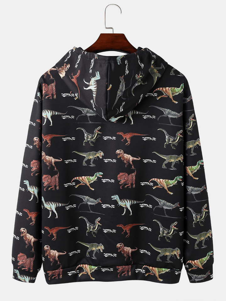 Mens All over Dinosaur Print Drawstring Black Hoodies with Pouch Pocket - MRSLM