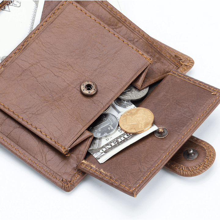 Ekphero Men Bifold Short Wallet Vintage Genuine Leather Multi-Card Slot Card Holder Hasp Coin Bag - MRSLM