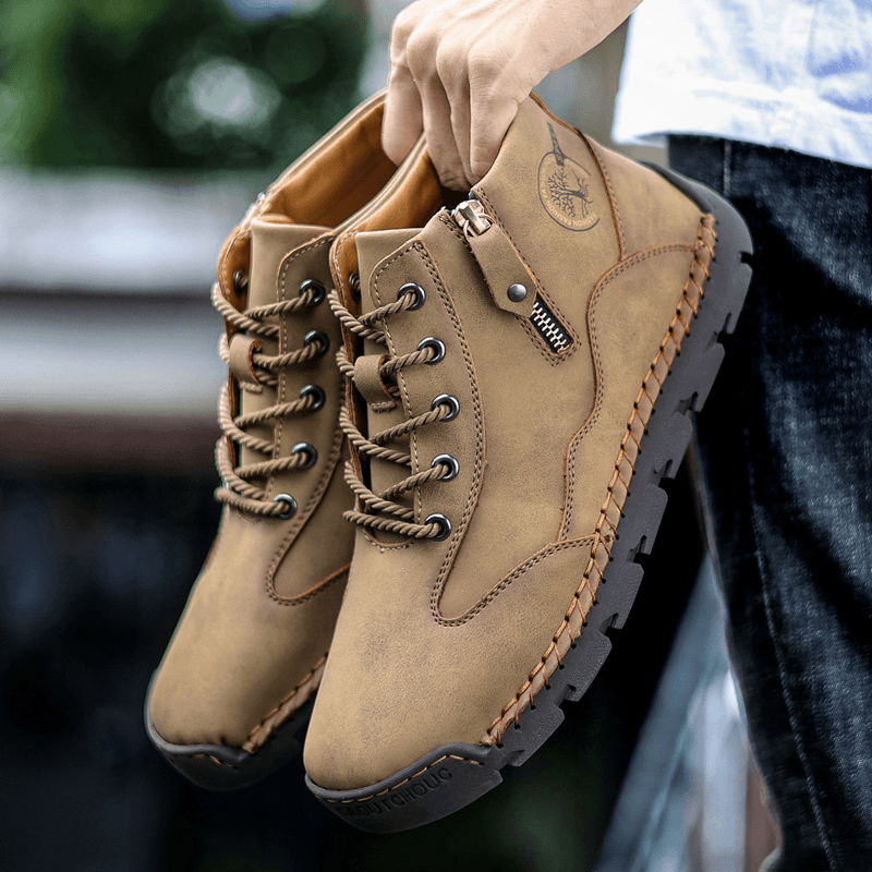 Men Leather Hand Stitching Breathable Soft Sole Brief Pure Color Zipper Lace up Casual Shoes - MRSLM