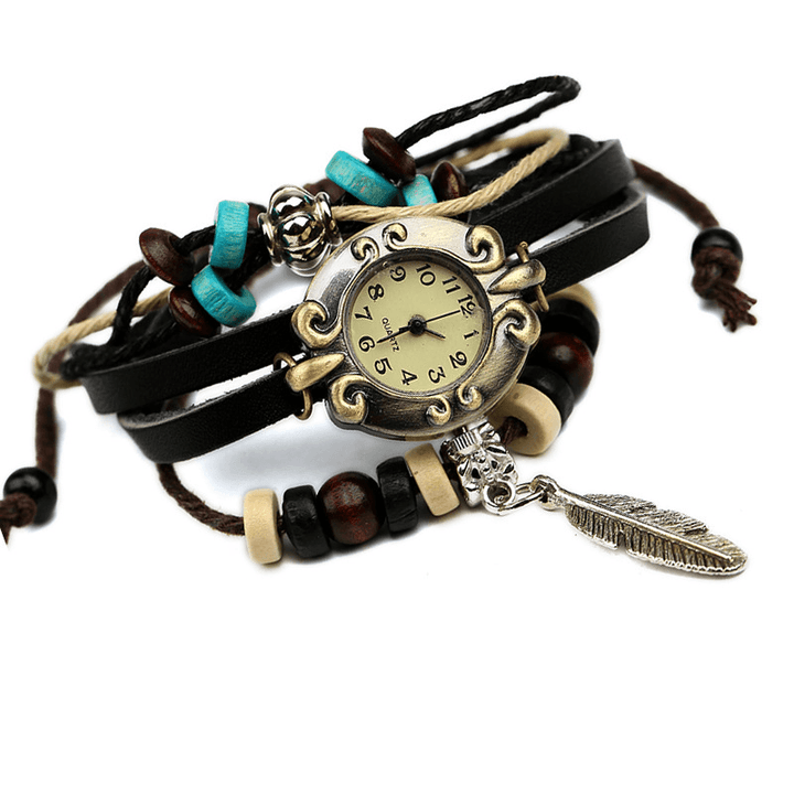 Retro Style Vintage Cowhide Multi-Layer Quartz Watch Weave Feather Pendant Leather Bracelet Watch - MRSLM