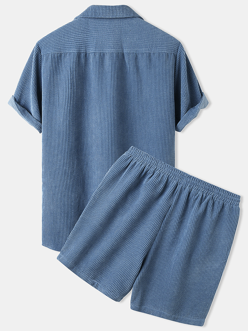 Mens Light Corduroy Solid Color Patch Pocket Elastic Waist Breathable Shirt & Shorts - MRSLM