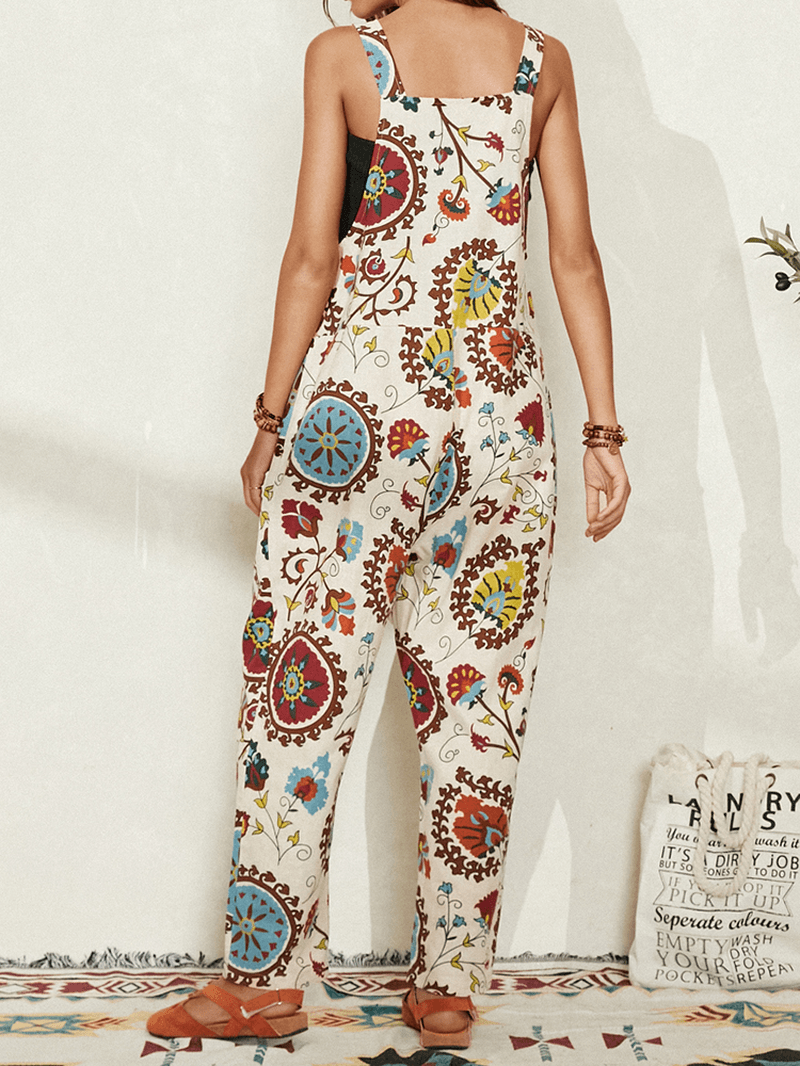 Women Ethnic Pattern Print Straps Casual Loose Jumpsuit with Pocket - MRSLM