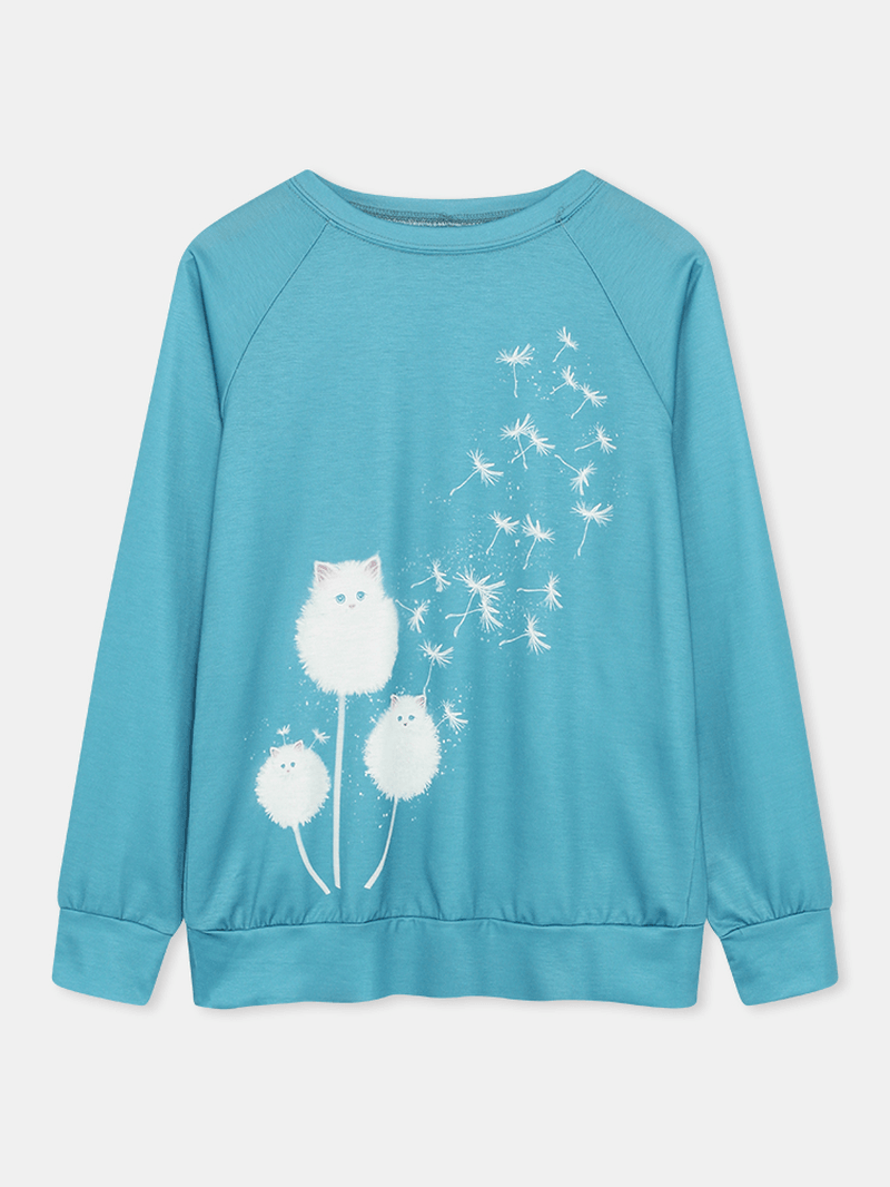 Women Cute Cat Dandelions Print round Neck Long Sleeve Casual Sweatshirt - MRSLM