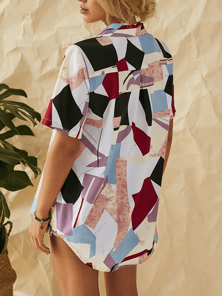 Geometric Patchwork Lapel Button down Print Shirts for Women - MRSLM