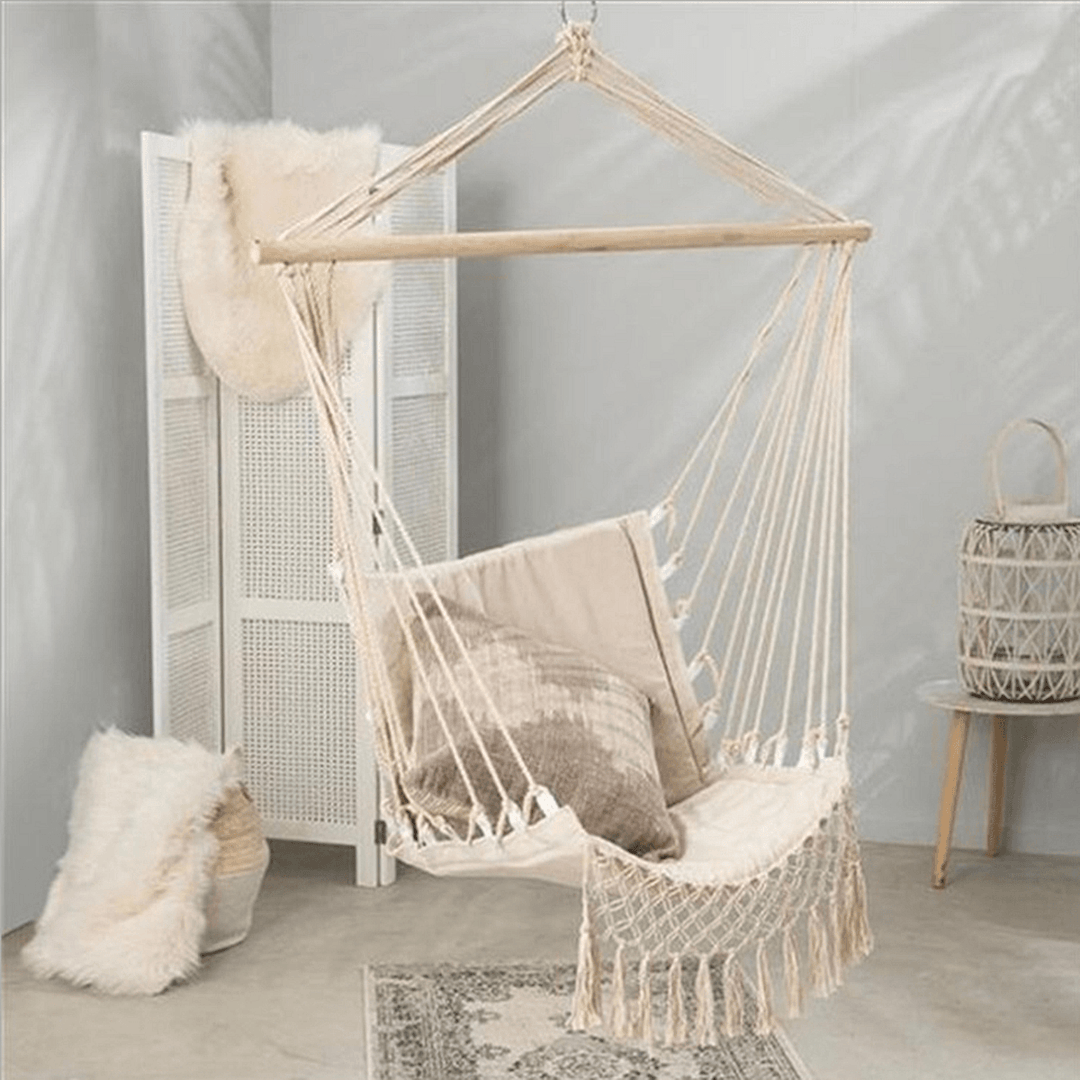 Hammock Cotton Swing Camping Hanging Rope Chair Wooden Beige Tasse Patio - MRSLM