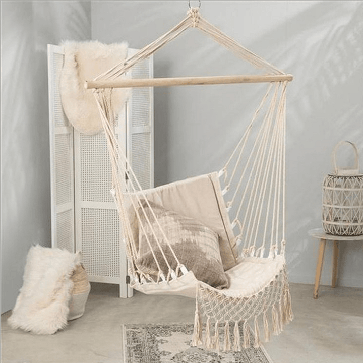 Hammock Cotton Swing Camping Hanging Rope Chair Wooden Beige Tasse Patio - MRSLM